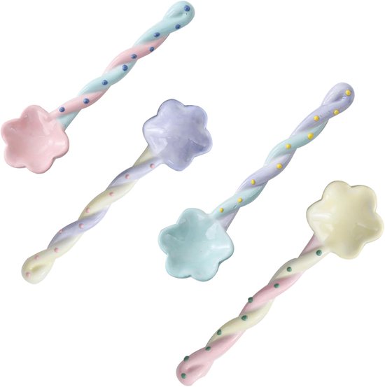 Set Aus 4 Keramik-blumenlöffeln, 15 X 4 Cm, Erhältlich In 4 Farben, Sanfte Pastellfarben, Gedrehter Griff, Lustige Und Niedliche Zuckerlöffel