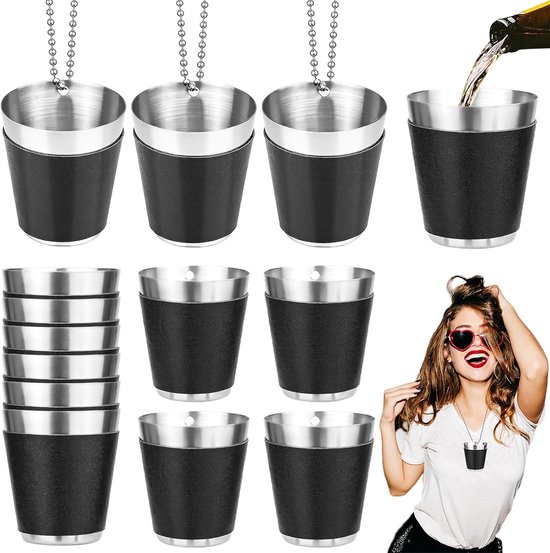 Set Mit 12 Edelstahl-schnapsgläsern - 30 Ml Mini-schnapsgläser - Mit Lederkette Und Halter - Hitzebeständig - Tragbares Design - Für Partys