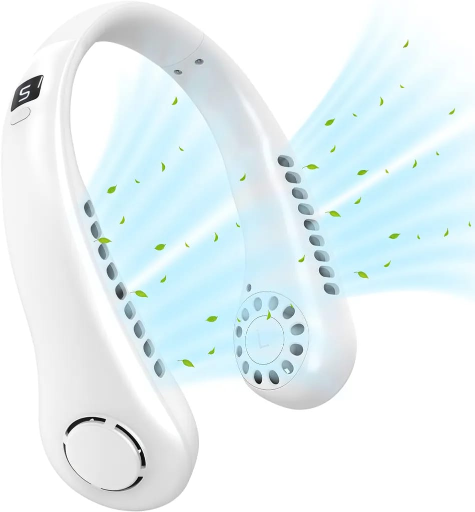 Klingenloser Nackenventilator, Tragbarer Nackenventilator Mit Led-anzeige, 5 Windgeschwindigkeitsstufen, 3000-mah-akku, 360°-nackenventilator, Weiß.