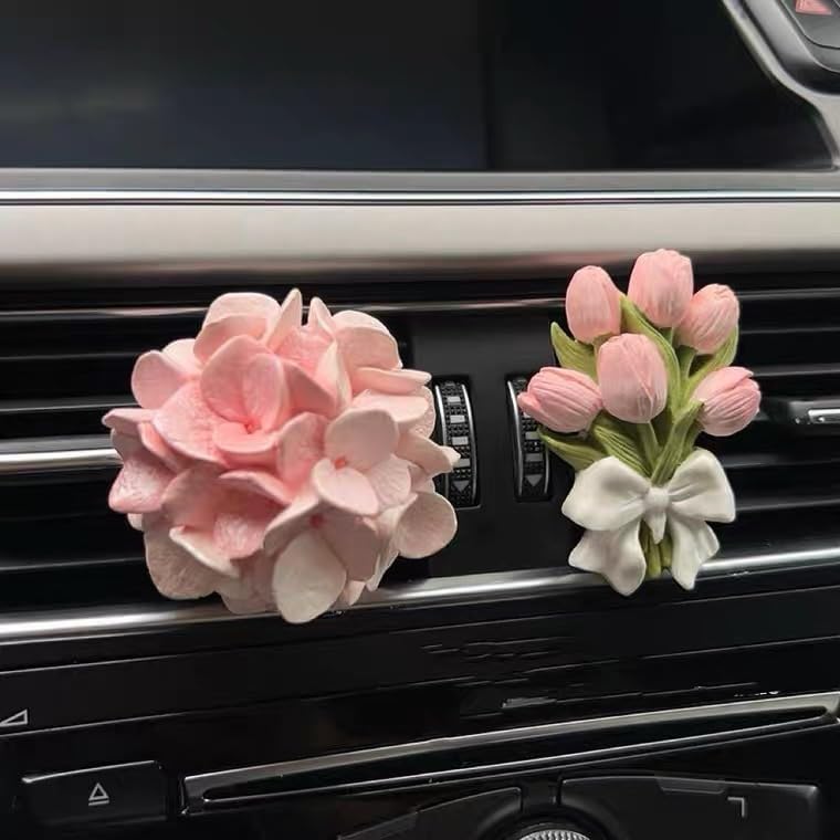 Dekorativer Lüftungsclip Für Die Auto-klimaanlage – Rosa Blumendesign Mit Tulpen- Und Hortensienmotiven – 2er-set – Jasminduft