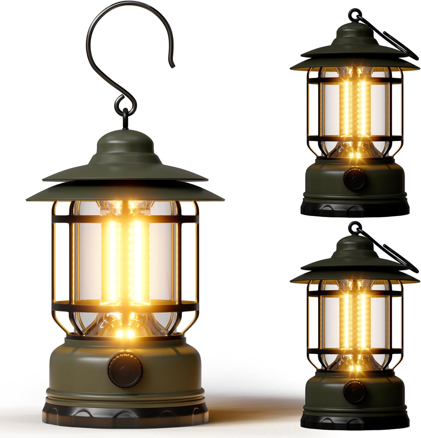3er-pack Led-campinglaternen – 1500 Lm, Stufenlos Dimmbar – Wiederaufladbar – Leicht, Retro-design – Für Camping Und Notfälle – Grün