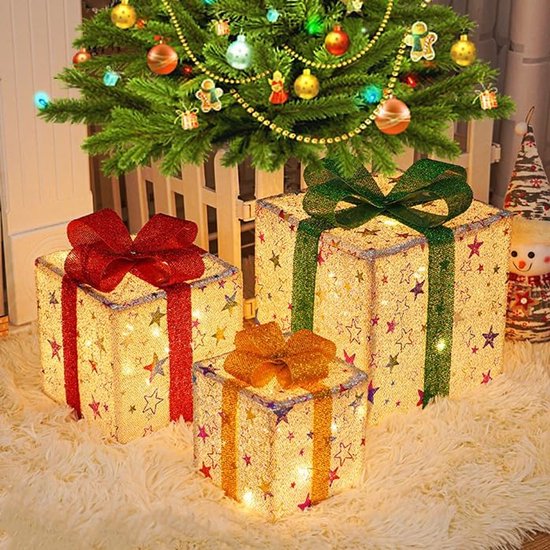 Set Mit 3 Led-beleuchteten Weihnachtsgeschenkboxen – 8 Beleuchtungsmodi Mit Fernbedienung – Dekoration Für Drinnen Und Draußen – Warmweißes Led-licht – Batteriebetrieben