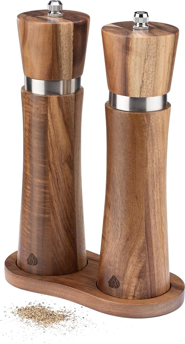 Salz- Und Pfeffermühlen-set – Untersetzer Aus Holz – Verstellbares Keramikmahlwerk – 2-teiliges Set – Akazienholz