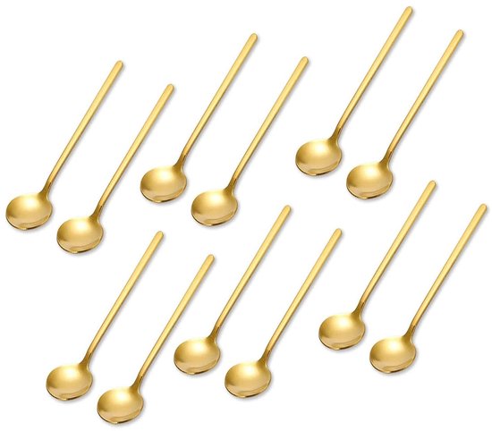 12-teiliges Set Vergoldeter Edelstahl-teelöffel Mit Langen, Ergonomischen Griffen Und Hochglanzpolitur.