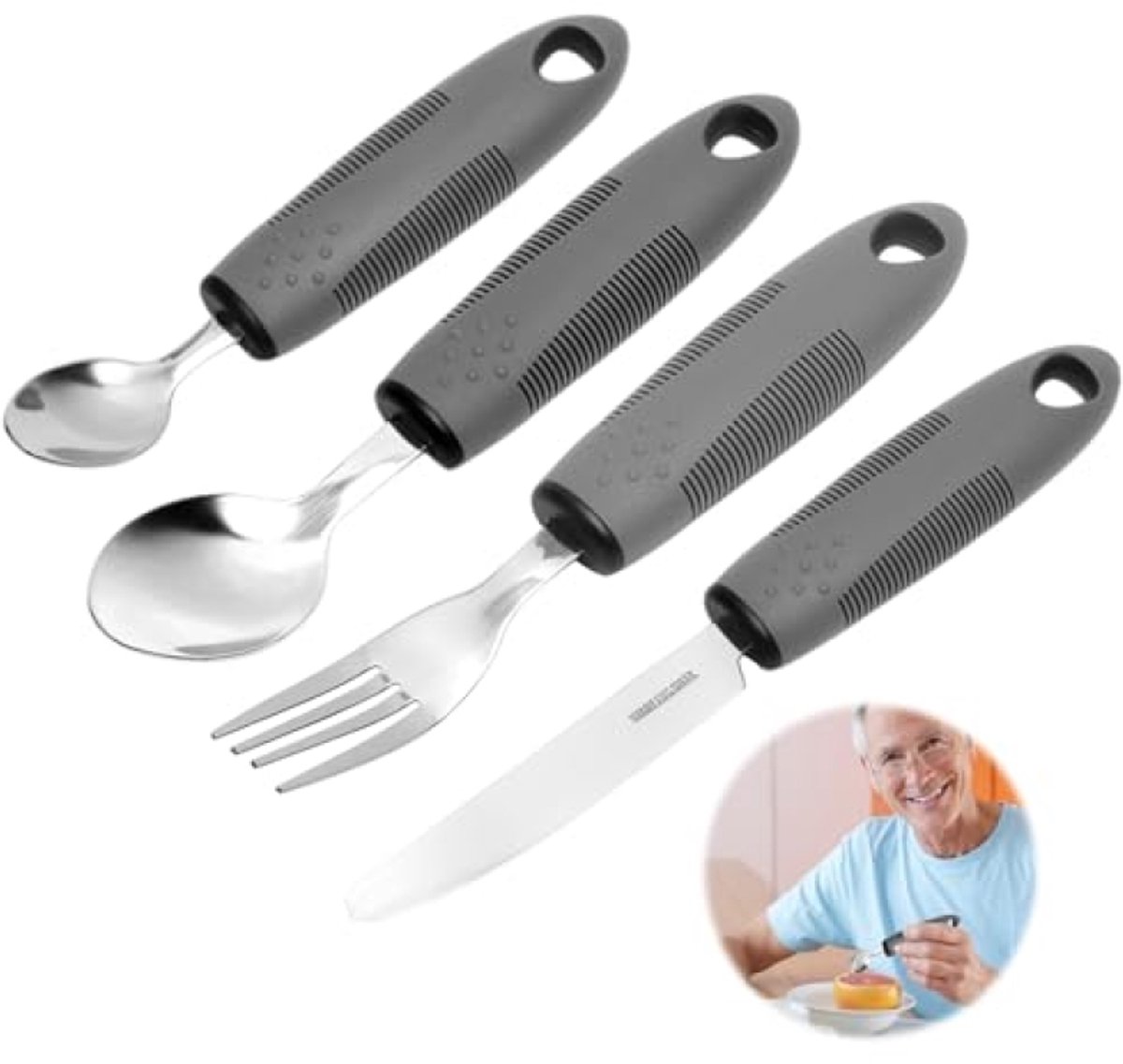 Ergonomisches 4-teiliges Besteckset Für Senioren Mit Verdicktem Griff – Rutschfestes Parkinson-besteck, Edelstahl, Spülmaschinenfest, Esshilfe