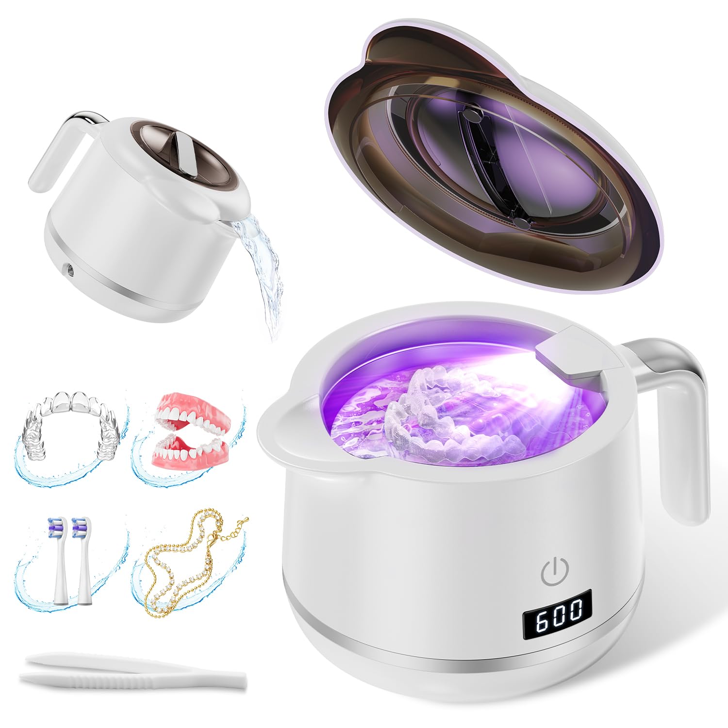 Ultraschall-fixierreiniger (porzellanweiß) – 45 Khz – 200 Ml – 5 Programme – Digitaler Timer – Verbessertes Flaschendesign – Mundschutzreiniger – 200 M