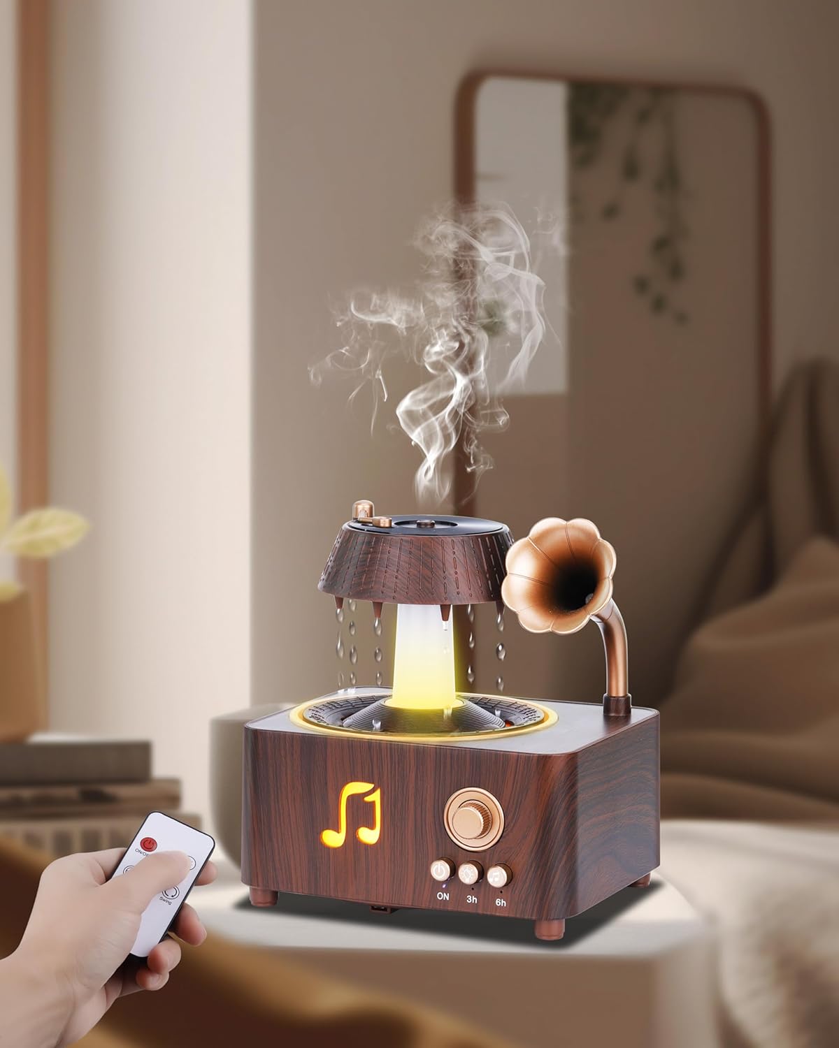 Rotierender Luftbefeuchter In Form Eines Regentropfens, Aromadiffusor Im Retro-schallplattenspieler-stil Mit Weißem Rauschen Und Ambientebeleuchtung In 7 Farben.