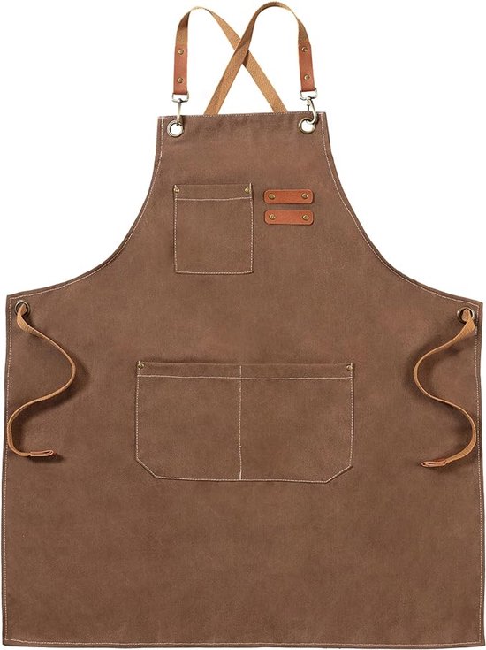 Verstellbare Arbeitsschürze Aus Canvas Mit 3 Taschen, Kochschürze Mit Gekreuzten Trägern Für Damen Und Herren