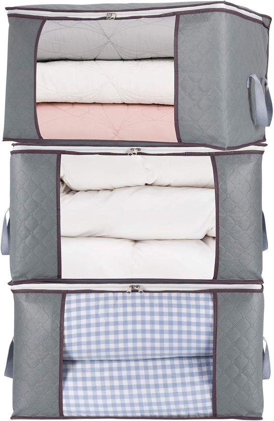 Extra Große Aufbewahrungsbeutel Mit Reißverschluss, 3er-pack, Transparentes Fenster, Griffe, Für Bettdecken, Kissen, Steppdecken, Bettwäsche, Kleidung (grau, 60x40x35cm).