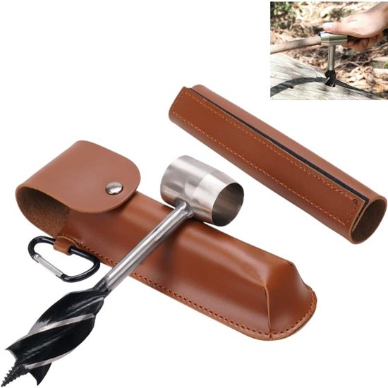 Bushcraft-handbohrer – Outdoor-holzbohrer Mit Lederscheide – Schutzhülle Und Haken – Geeignet Für Camping Und Survival – 168 × 38 Mm
