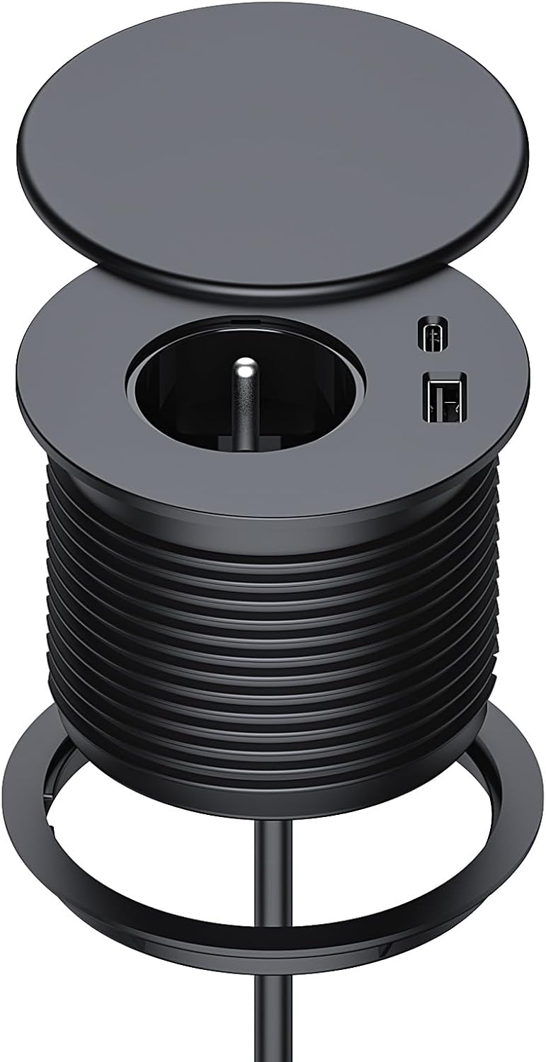 Unterputz-steckdosenleiste Mit 1 Steckdose, Usb-c- Und Usb-a-anschlüssen, 80 Mm Durchmesser Und 1,5 M Kabel Für Küchen- Und Büromöbel (schwarz)