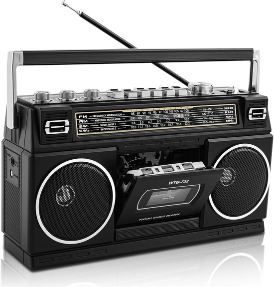 - Retro-lautsprecher Im Stil Der 80er Jahre Mit Bluetooth, Kassettenabspieler, Am/fm/sw-radio, 24-watt-subwoofer, Usb-/micro-sd-kartensteckplatz Und Tragbarer Partykamera.