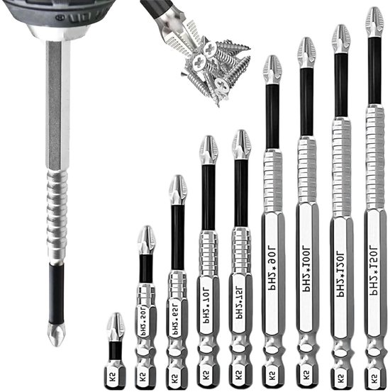 9-teiliges Set Rutschfester Phillips-schraubendreherbits Aus Legiertem Stahl Mit Magnetischen Spitzen, Geeignet Für Akkuschrauber Und Elektrische Bohrmaschinen.