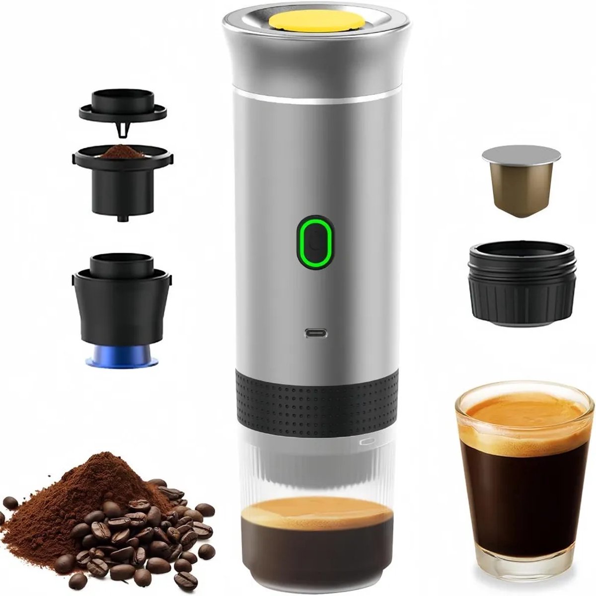 Tragbare Kaffeemaschine, 3-in-1 Elektrische Kaffeemaschine, Geeignet Für Kaffeekapseln Und Kaffeepulver, Unterstützt Kaltbrüh- Und Heizfunktionen (silber).