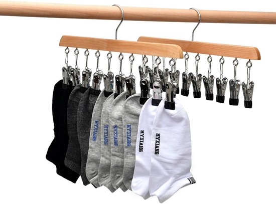 - Zweierpack Socken- Und Kleiderständer Aus Holz - Windfeste Ständer Mit 10 Klammern, Geeignet Zum Trocknen Von Socken, Unterwäsche, Mützen, Schals, Handtüchern Und Schuhen.