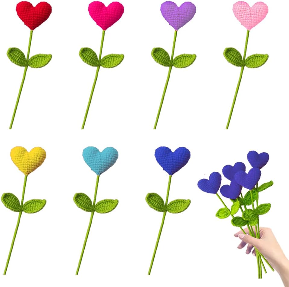 Gehäkelte Herzsträuße Aus Kunstwolle Für Blumenarrangements, Handgefertigte Sträuße, Hochzeitsdekorationen, Mehrfarbig