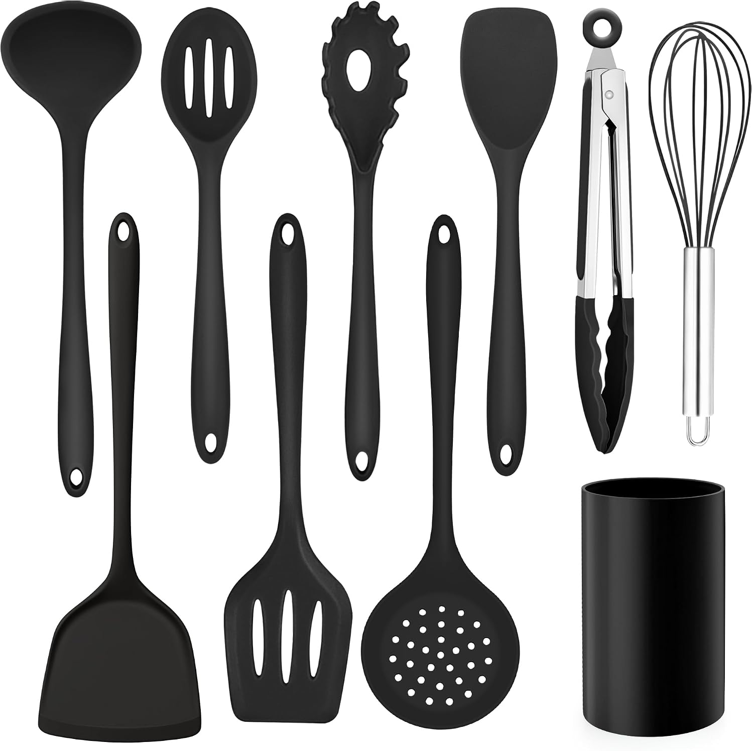 10-teiliges Küchenutensilien-set Aus Silikon, Antihaftbeschichtete Pfannen Und Küchenzubehör, Mit Aufbewahrungsbox, Komplettes Kochgeschirr, Spülmaschinenfest, Schwarz.