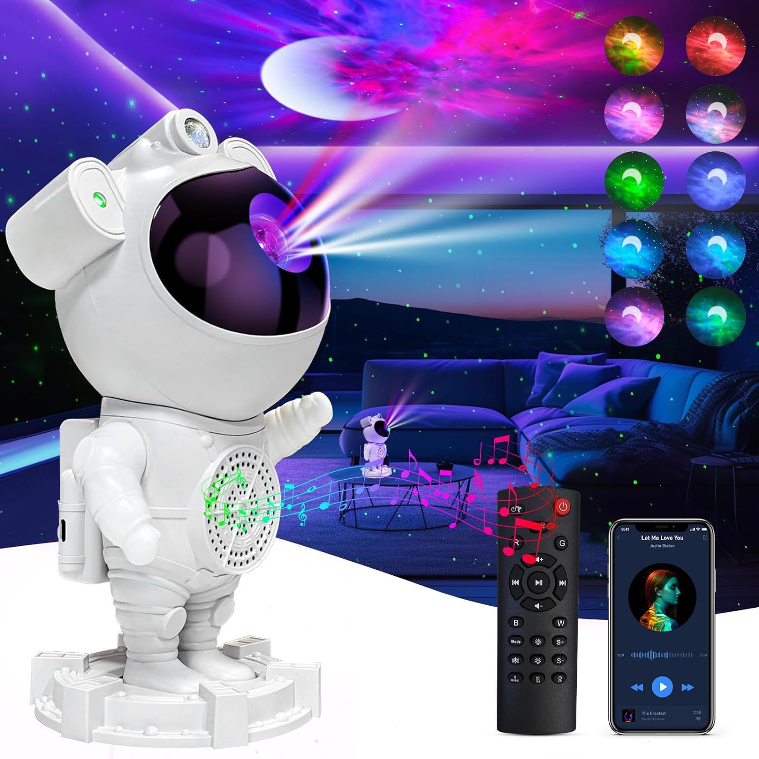 Sternenhimmel-projektorlampe – Weiß, Bluetooth, Astronauten-design – Kinderzimmer – 10 Lichtkombinationen – Dimmbar – Mit Fernbedienung