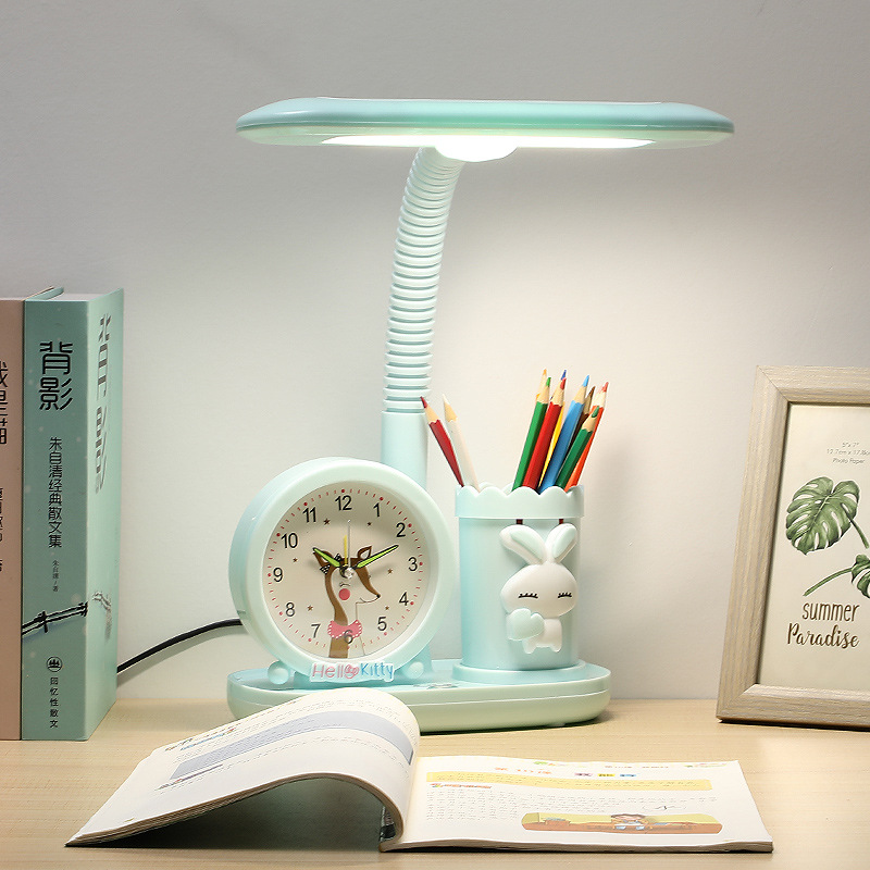 Augenschonende Schreibtischlampe – Schreibtischlampe Mit Stecker – Kindernachttischlampe Mit Uhr – Multifunktional – Blau (uhrversion)
