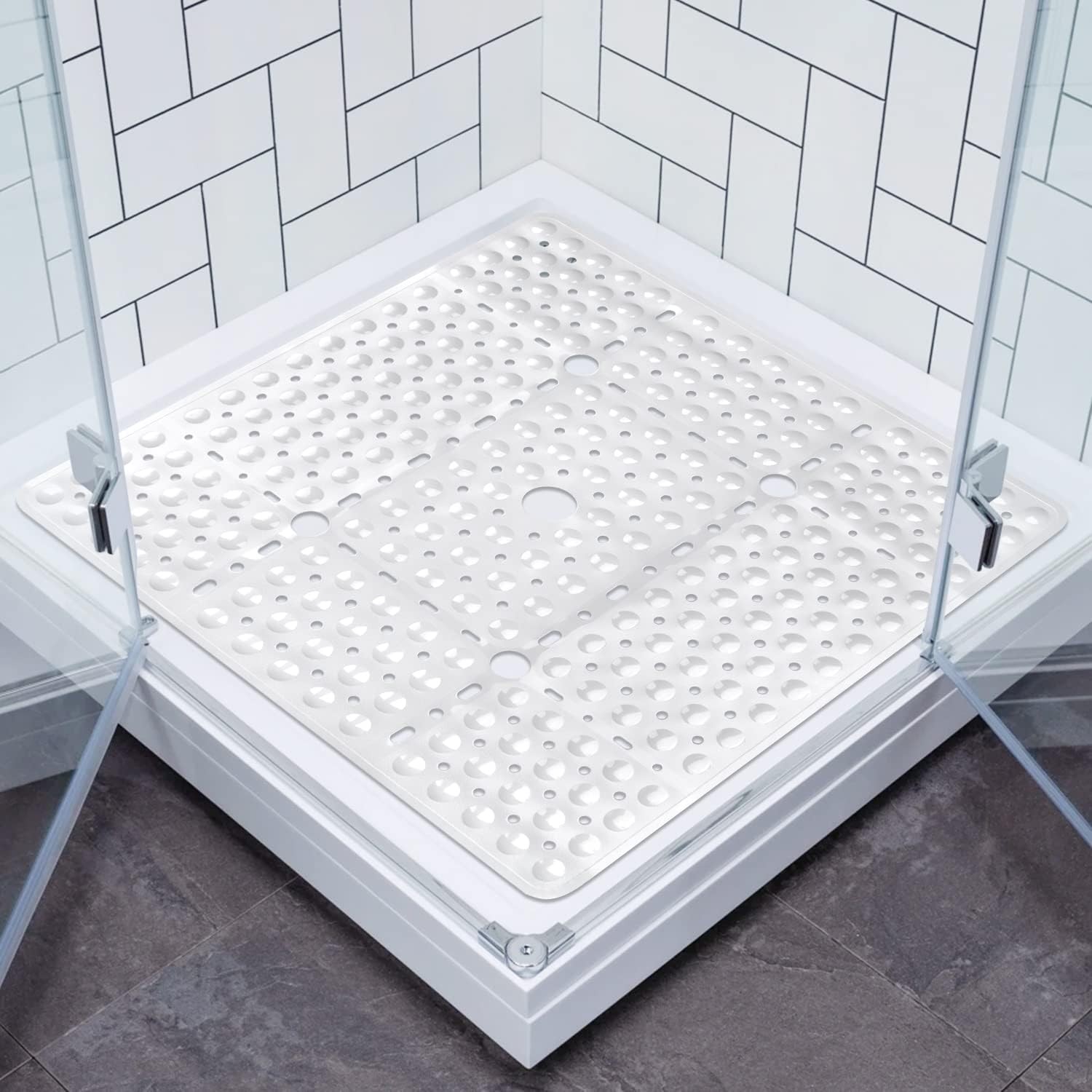 Rutschfeste Duschmatte, Große Quadratische Badezimmermatte (70 X 70 Cm) Mit Saugnapf, Waschbare, Antibakterielle Badezimmermatte (reinweiß)