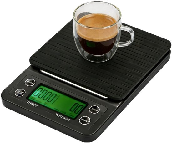 Schwarze Digitale Kaffeewaage Mit Timer/grünem Lcd-display (0,1 G–5 Kg), Batteriebetrieben, Genauigkeit 0,1 G, Mit Antirutschmatte, Für Filterkaffee