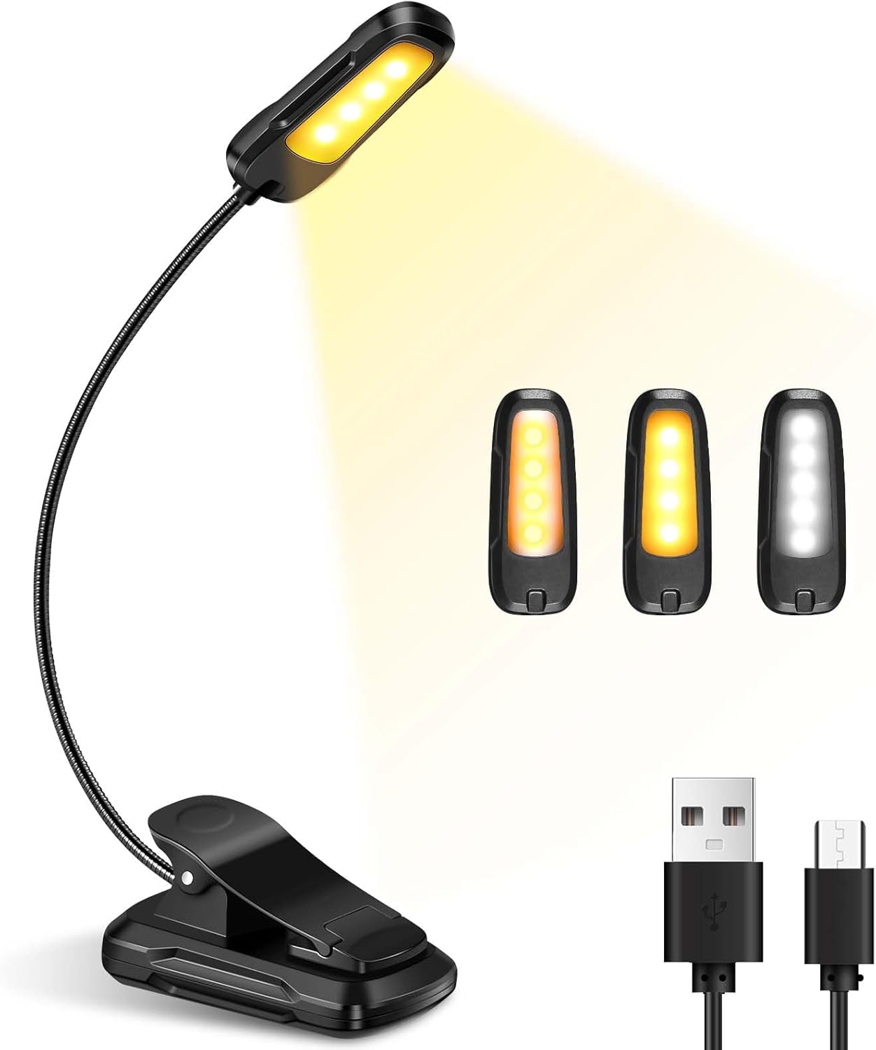 Leselampe Für E-reader, Wiederaufladbar, 3 Helligkeitsstufen X 3 Farben, 360° Flexibler Hals, Leselampe Für Bett Und Reise