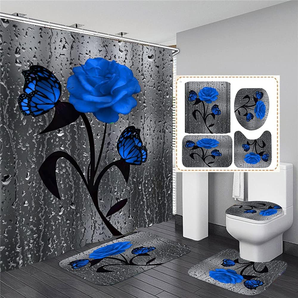 Modernes 4-teiliges Duschvorhang-set Mit 3d-rosenmuster, Wasserdichtem Stoff, Inklusive Haken Für Rutschfeste Badematte Und Wc-vorhang.
