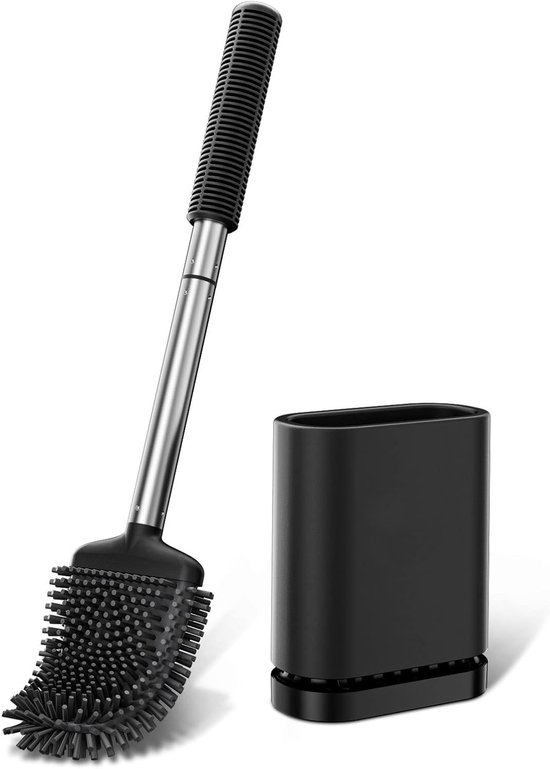 Silikon-toilettenbürste Mit Halterung, 13,4 X 6,5 X 16,3 Cm, Edelstahlgriff, Schwarz, Flexibler Bürstenkopf