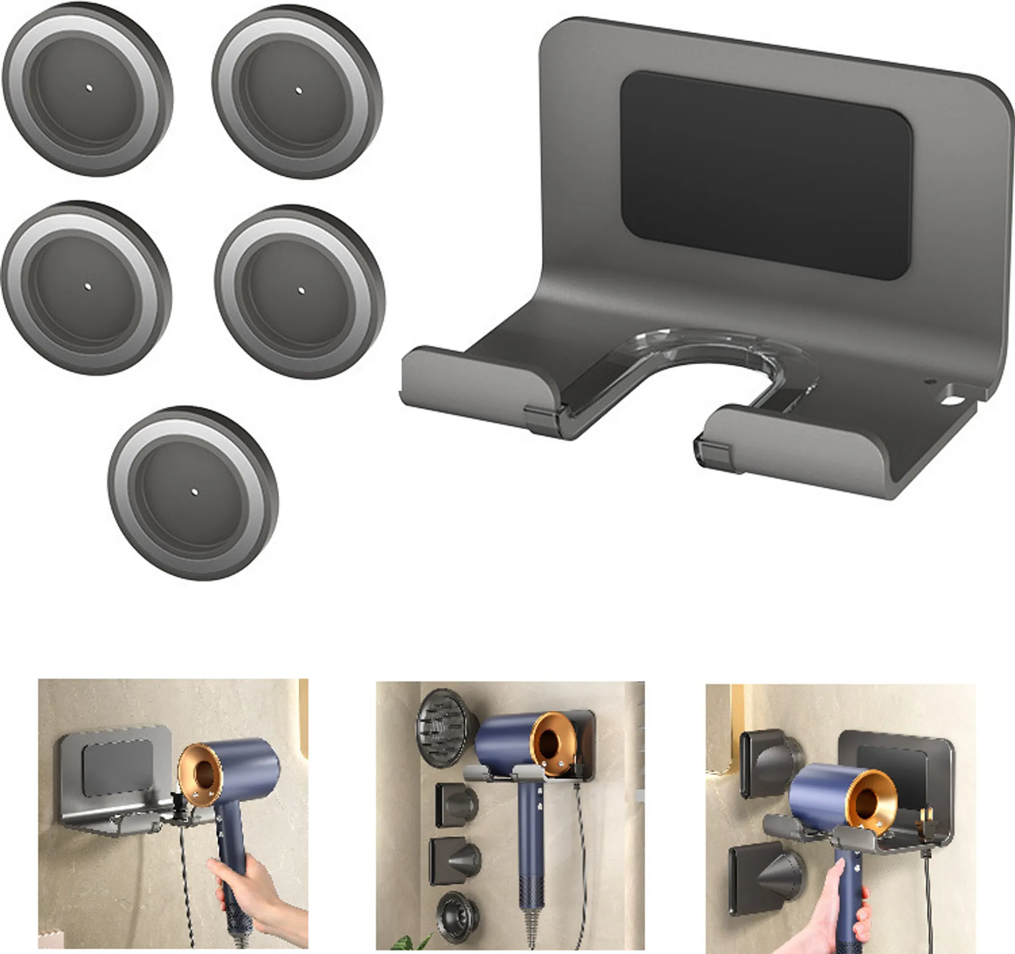 Haartrocknerständer, Haartrocknerständer Für Dyson Haartrockner, Wandmontierter Haartrocknerständer Mit 5 Magnetischen Düsenhaltern, Grau.