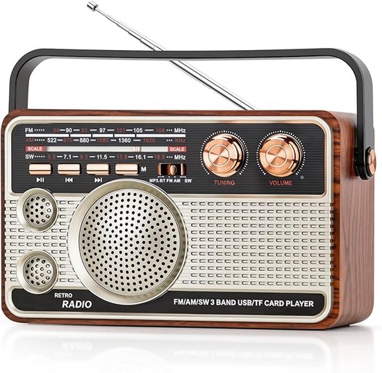 Retro-handradio Aus Holz, Wiederaufladbar, Mehrere Frequenzbänder (fm/am/sw), Starker Bass, Tragbar