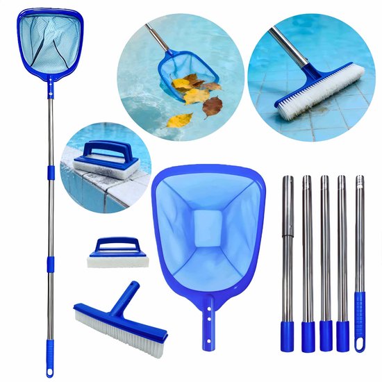 215 Cm Poolreinigungsset, Fünfteilig Mit Skimmer, Bürste, Schwamm Und Teleskopstiel, Für Pools, Teiche Und Whirlpools, Komplettes Wartungsset