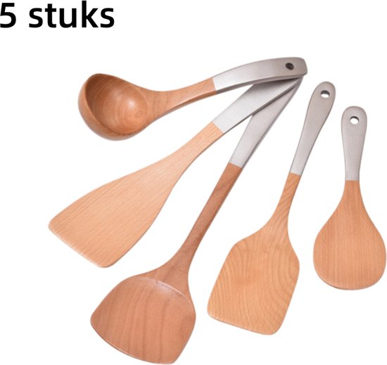 Fünfteiliges Küchenutensilien-set: Antihaftpfanne, Pfannenwender, Reislöffel, Suppenkelle, Holzspatel (holz)