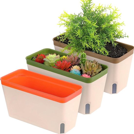 3er-pack Rechteckige, Selbstbewässernde Kunststoff-blumentöpfe (27 Cm) Mit Wasserstandsanzeige