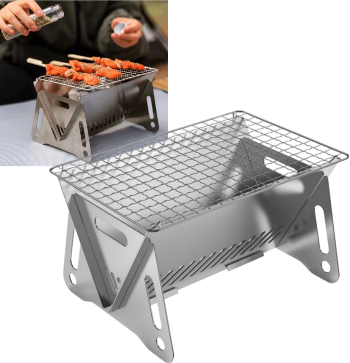 Tragbarer, Faltbarer Grill Aus Edelstahl, 13 Cm, Für Picknicks, Garten, Einzel- Oder Doppelnutzung, Originalfarbe