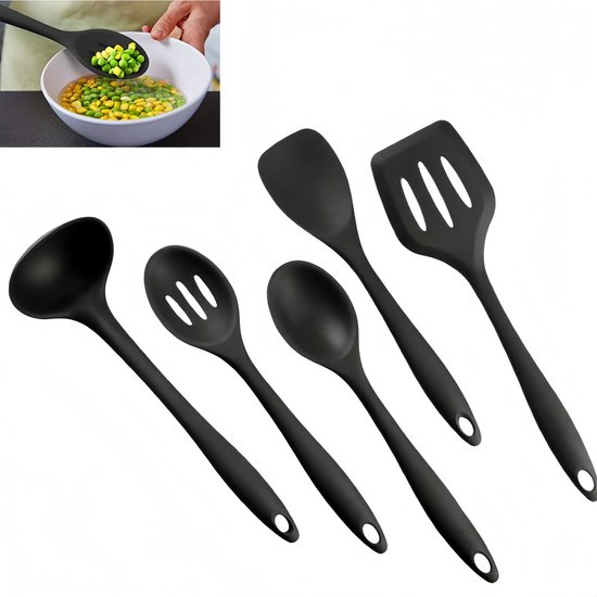 5-teiliges Küchenhelfer-set Aus Silikon – Bestehend Aus Löffel, Schöpfkelle, Pfannenwender Und Spatel – Hitzebeständig – Bpa-frei – Schwarz