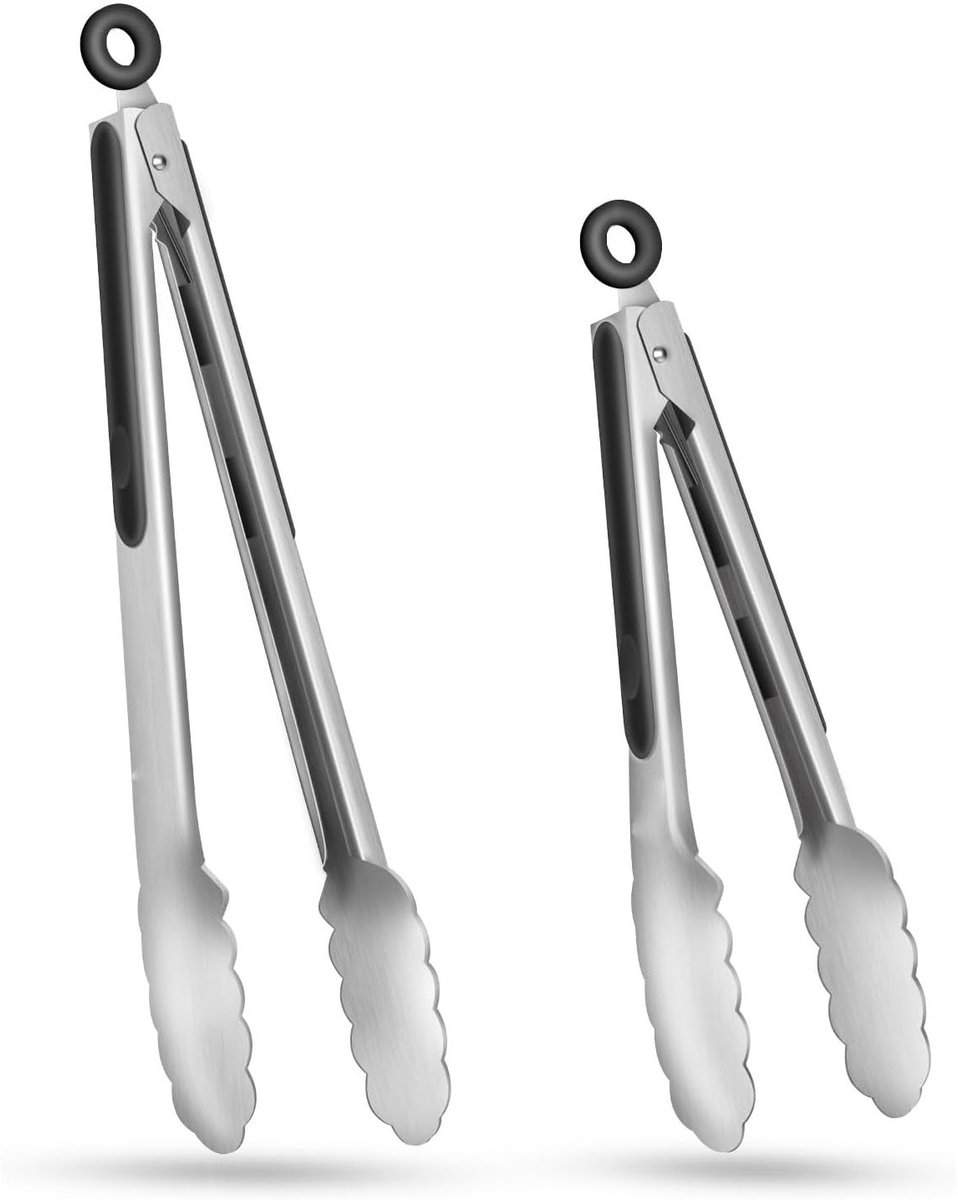Küchenzange Aus Edelstahl – Verriegelbare Kochzange Mit Silikongriff, 2er-set (23 Cm & 30,5 Cm) – Schwarz