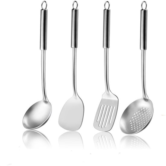 Küchenhelfer-set Aus Edelstahl: 1 Sieb + 1 Spatel + 1 Löffel + 1 Sieb, Wok-set, Langstieliges Sieb, Spatel, Löffel-set