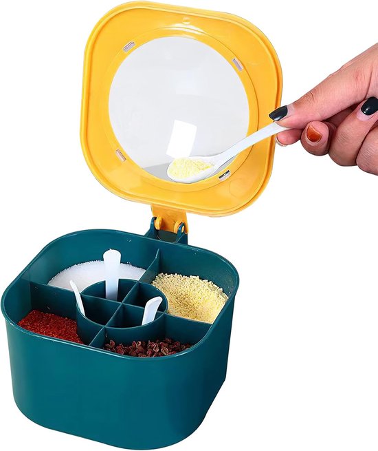 Gewürzbox Mit Deckel Und 4 Löffeln, Große Gewürzbox Mit 4 Fächern, Gewürzglas Für Kräuter, Salz, Zucker, Pfeffer Und Küchenutensilien (gelb)
