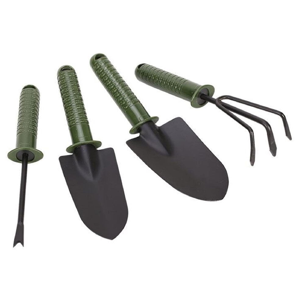 Gartengeräte-set, Ein 4-teiliges Gartengeräte-set Bestehend Aus Einer Gartenschaufel, Einer Gartengabel Und Einem Rechen.