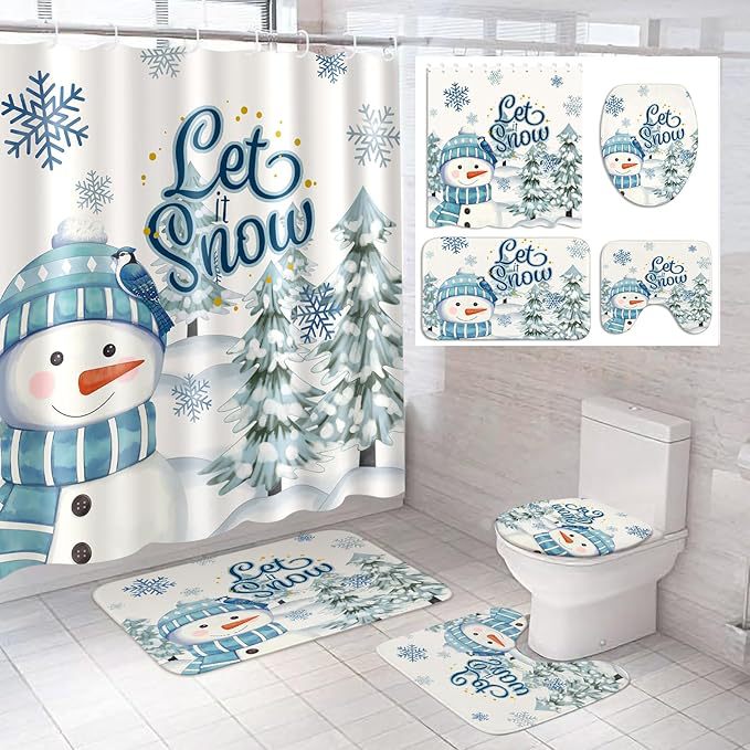 Weihnachtliches Duschvorhang-set (4-teilig), Badematte, Wasserdichter Duschvorhang Aus Polyester, Schneemann-motiv Mit Schal Und Mütze, 180 X 180 Cm (12 Löcher).