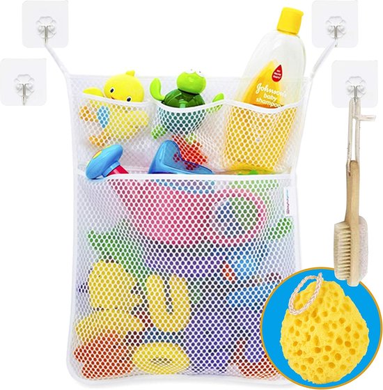 Aufbewahrungsnetz Für Badezimmerspielzeug, Badespielzeugtasche Mit 4 Stabilen, Selbstklebenden Haken.