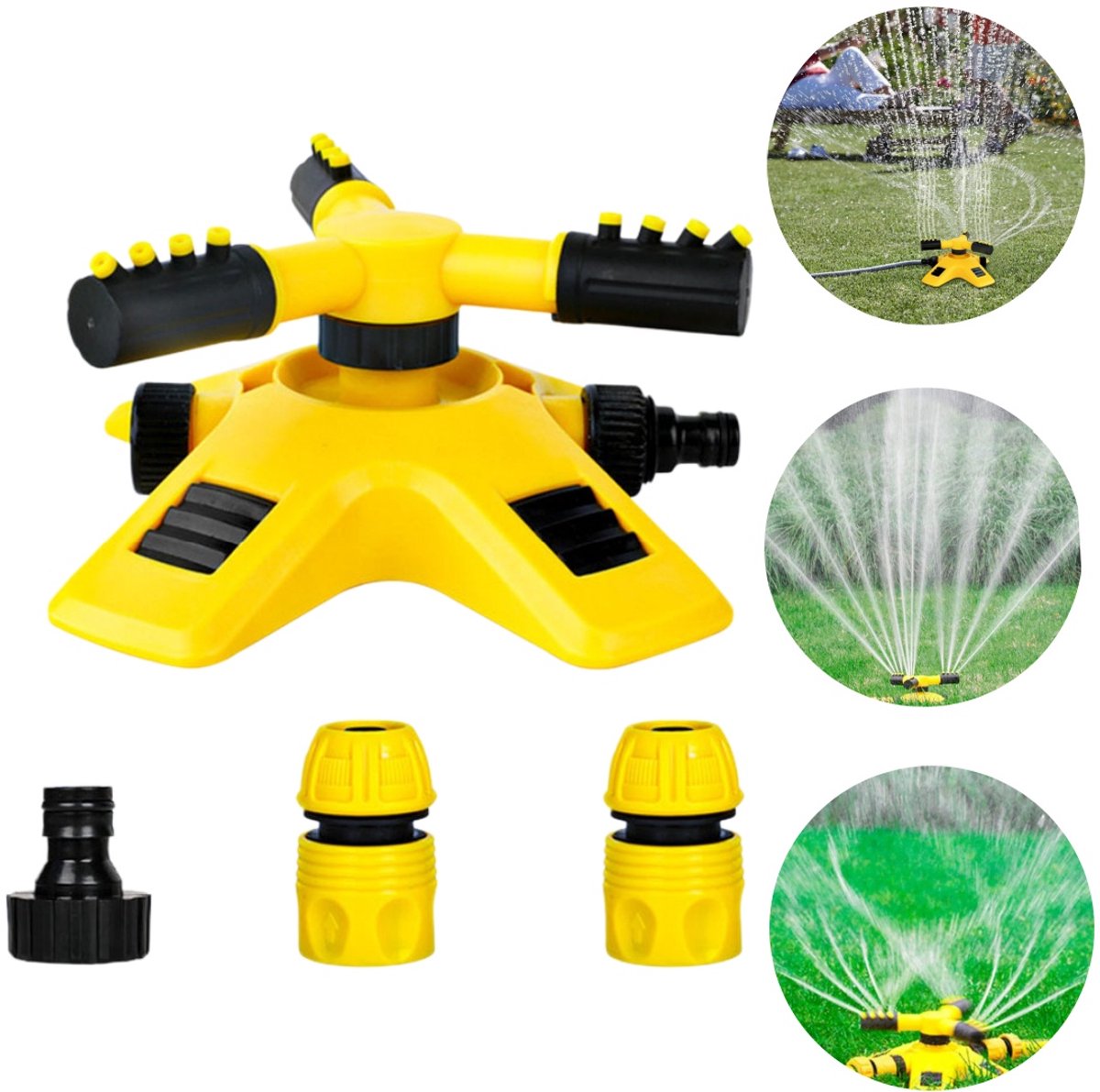 Gartensprenger – Rasenbewässerungsgerät – Automatischer Sprenger – Gartenbewässerungssystem – 360° Drehbar – Inkl. Anschlusszubehör – 3-fach Verstellbar
