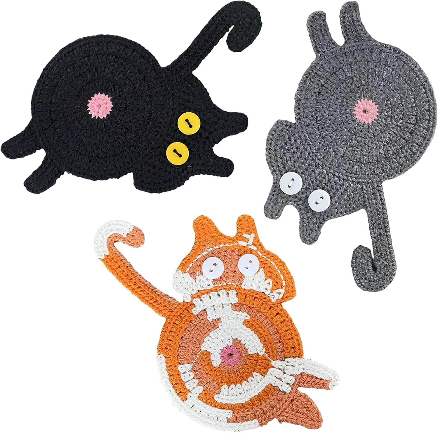 Set Mit 3 Kaffeeuntersetzern Mit Katzenmotiv, Gewebte Getränkeuntersetzer Mit Katzenmotiv, Niedliche Handgefertigte Schreibtischuntersetzer Für Zuhause.