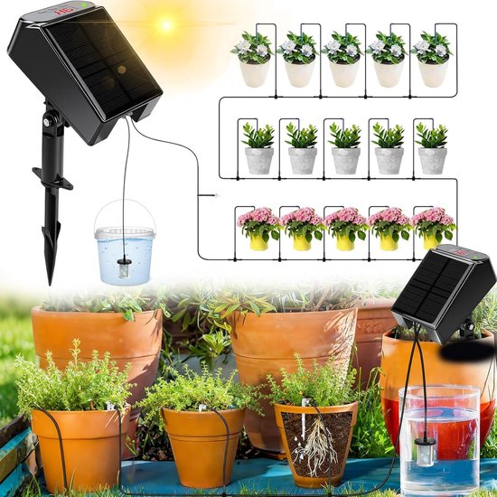 Automatisches, Solarbetriebenes Bewässerungssystem Mit Zeitschaltuhr, Wassersensor, 15 M Schlauch Und 15 Tropfköpfen.