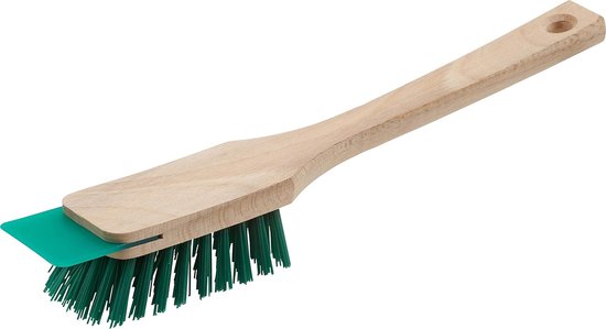Rasenmäherbürste Mit Schaber, Synthetischen Borsten, Langem Holzgriff, Handliche Gartenreinigungsbürste (grün).