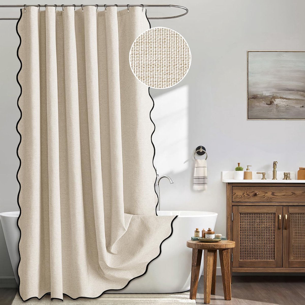 Duschvorhang Beige Fächer-spitzendesign, Beige, Schwarz, Leinen, 180 X 180 Cm, Wasserdicht, Duschvorhang Beige Fächer-spitzendesign Mit Leinenstruktur, Waschbar