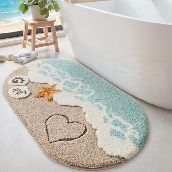Ovale Badematte – Weich, Saugfähig Und Sicher Mit Rutschfester Unterseite – Strandmotiv