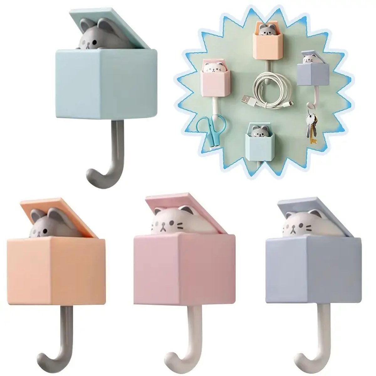 Wandhaken, 4er-set – Niedliches Katzen- Und Mausmotiv – Selbstklebend, Kein Bohren Erforderlich – Hohe Tragkraft Bis Zu 2,4 Kg – Multifunktional