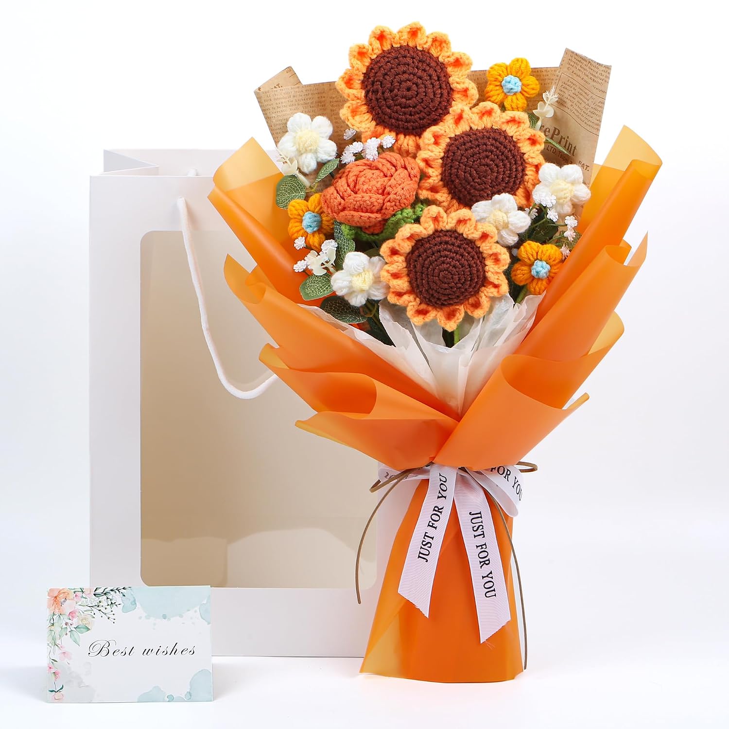 Handgehäkelter Blumenstrauß, Kompletter Häkelstrauß, Heimdekoration, Weihnachtsgeschenk, Künstliche Blume, Gewebte Sonnenblume, Elegant.