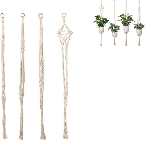 4er-pack Handgewebte Hängeblumentöpfe Aus Baumwolle, 105 Cm – Geeignet Für Drinnen Und Draußen, Balkon Und Als Dekoration – Weiß